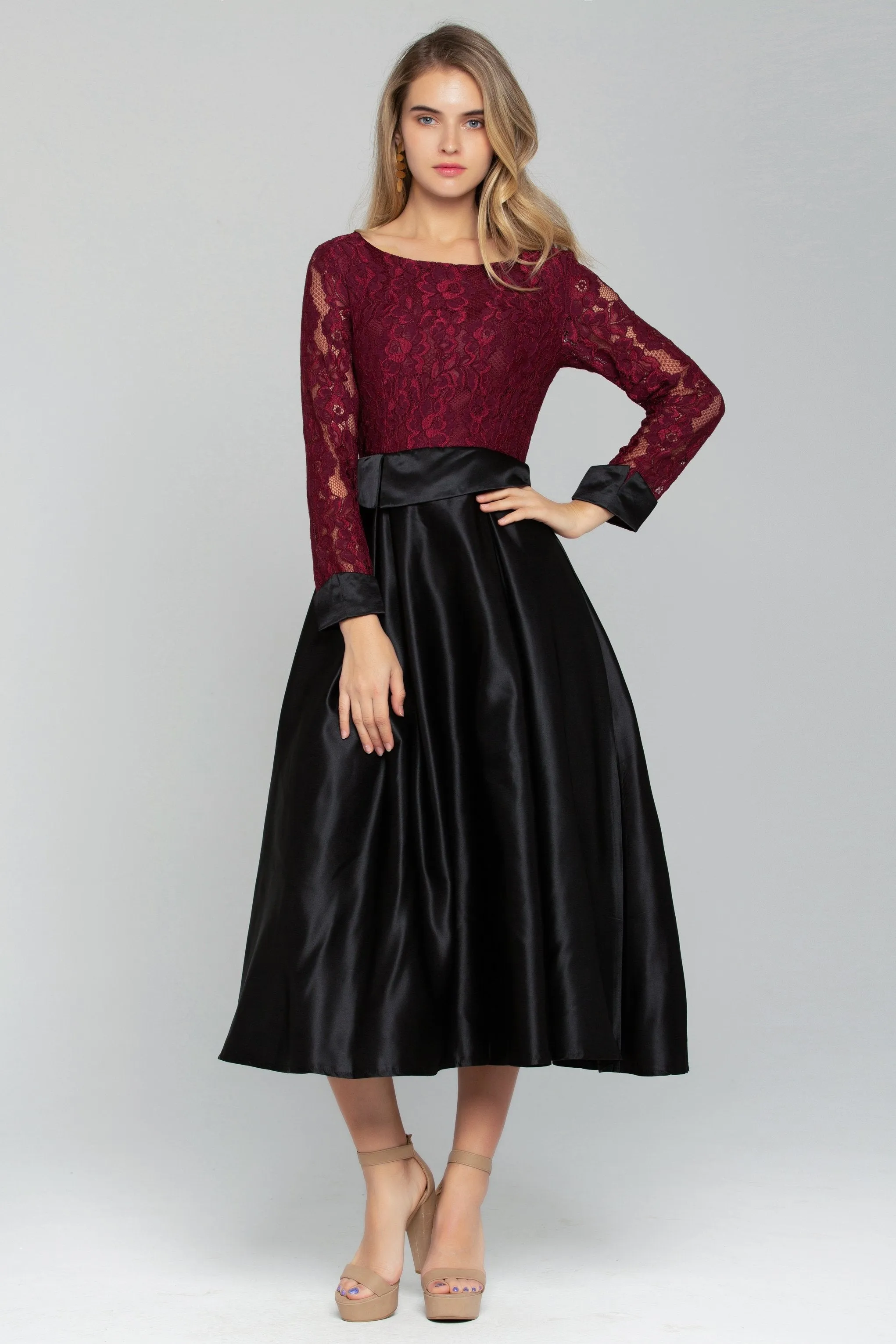 Maroon Lace Top with Black Maxi Skirt Dress