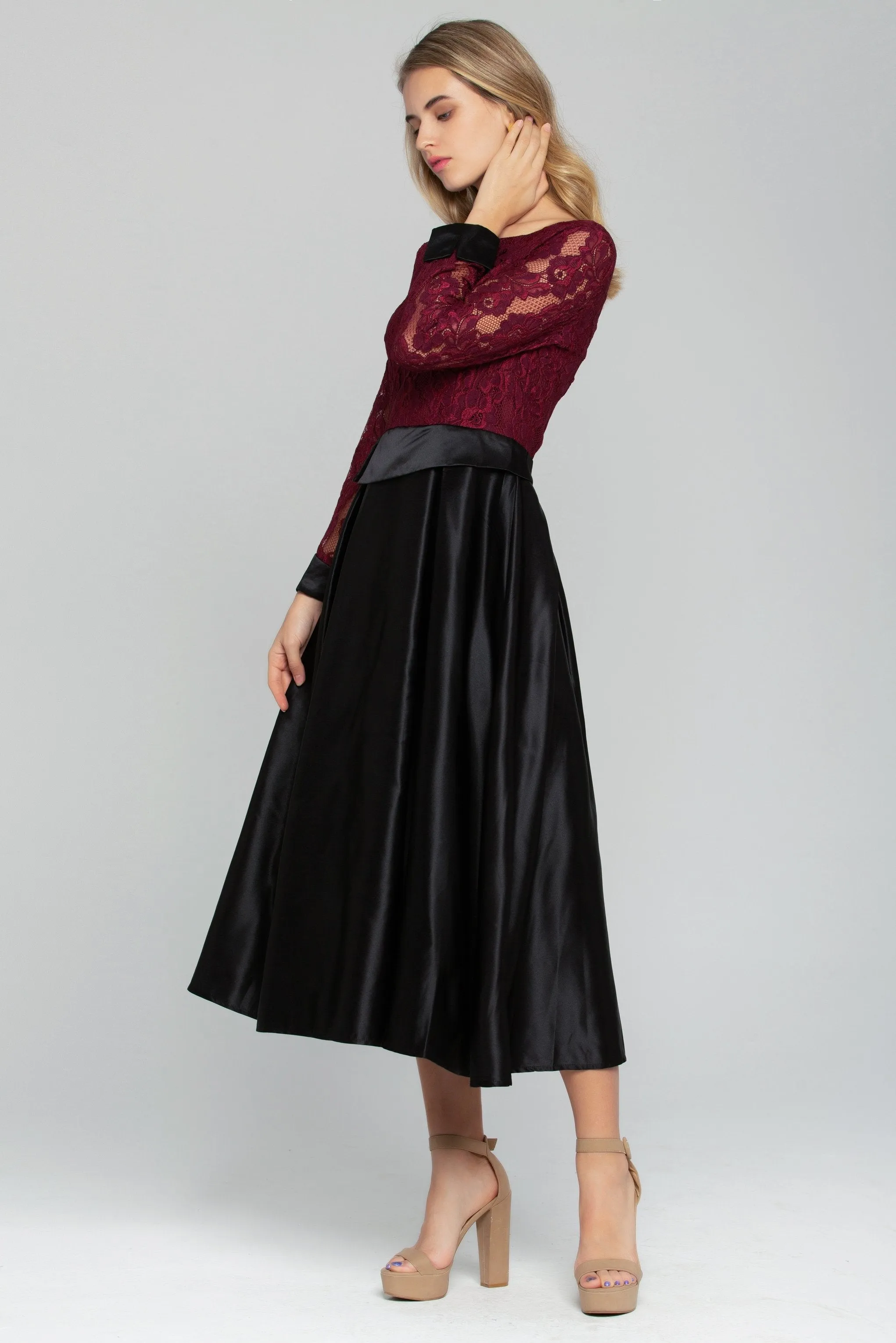 Maroon Lace Top with Black Maxi Skirt Dress