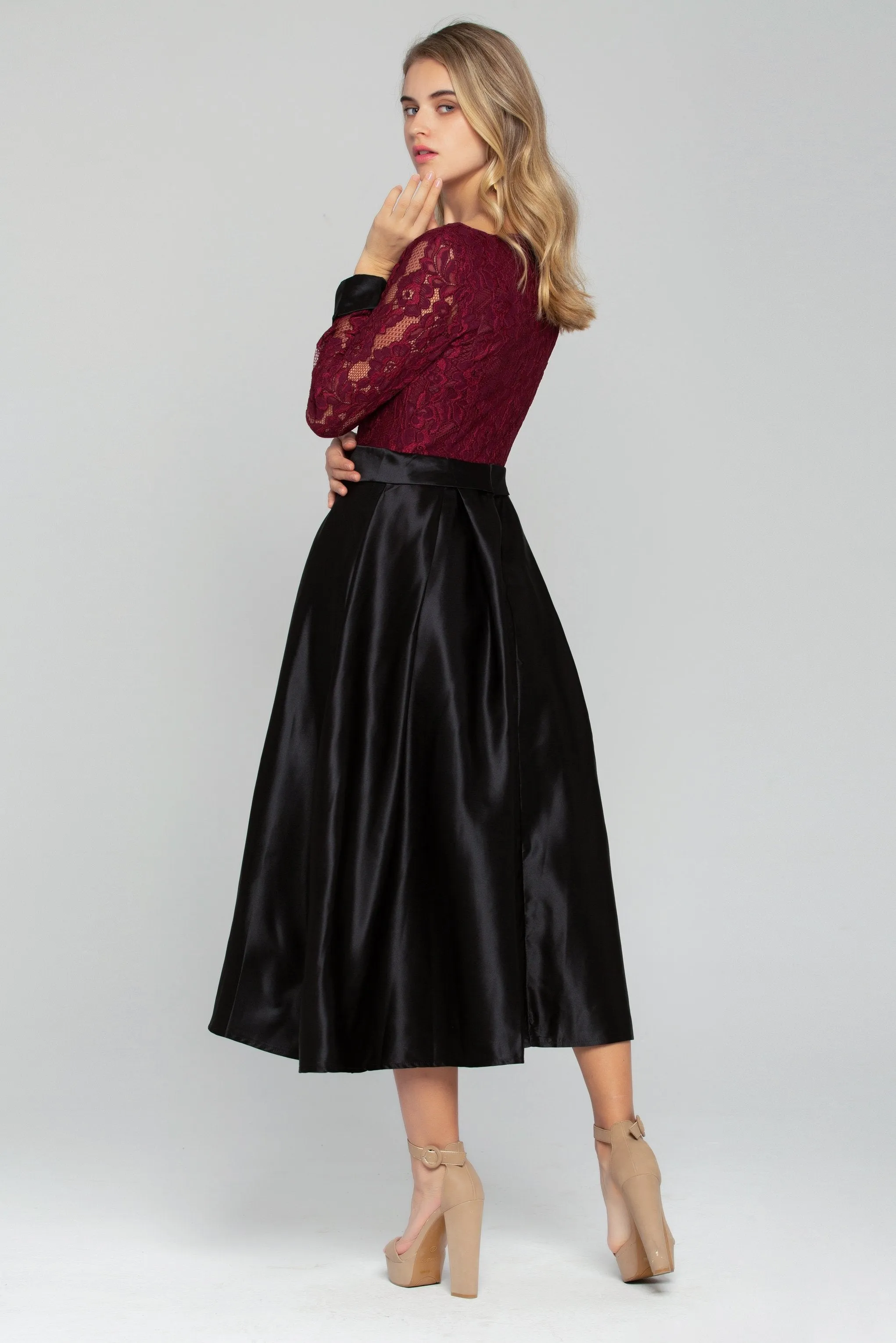 Maroon Lace Top with Black Maxi Skirt Dress