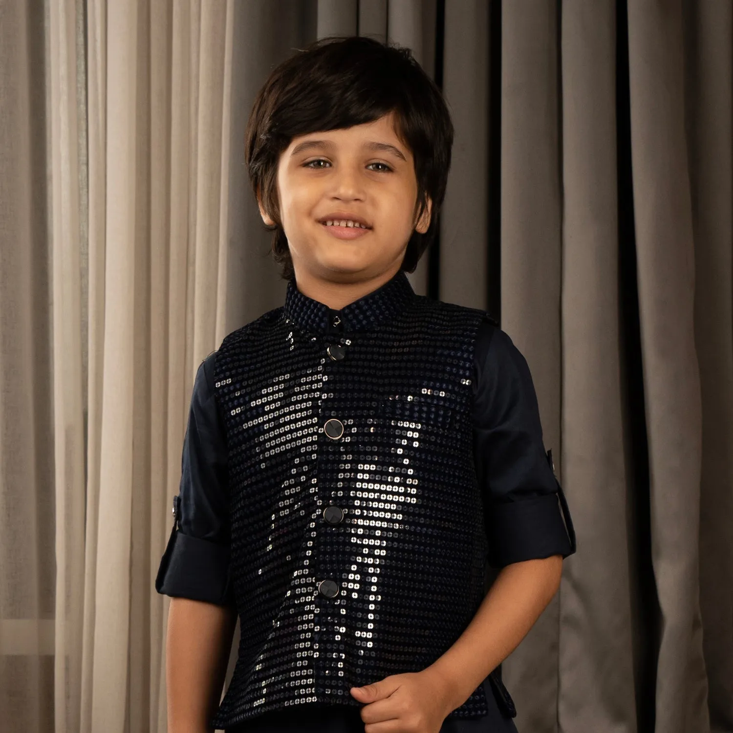 Ministitch full sleeves kurta pyjama set with sequin Jacket for boys - Navy Blue