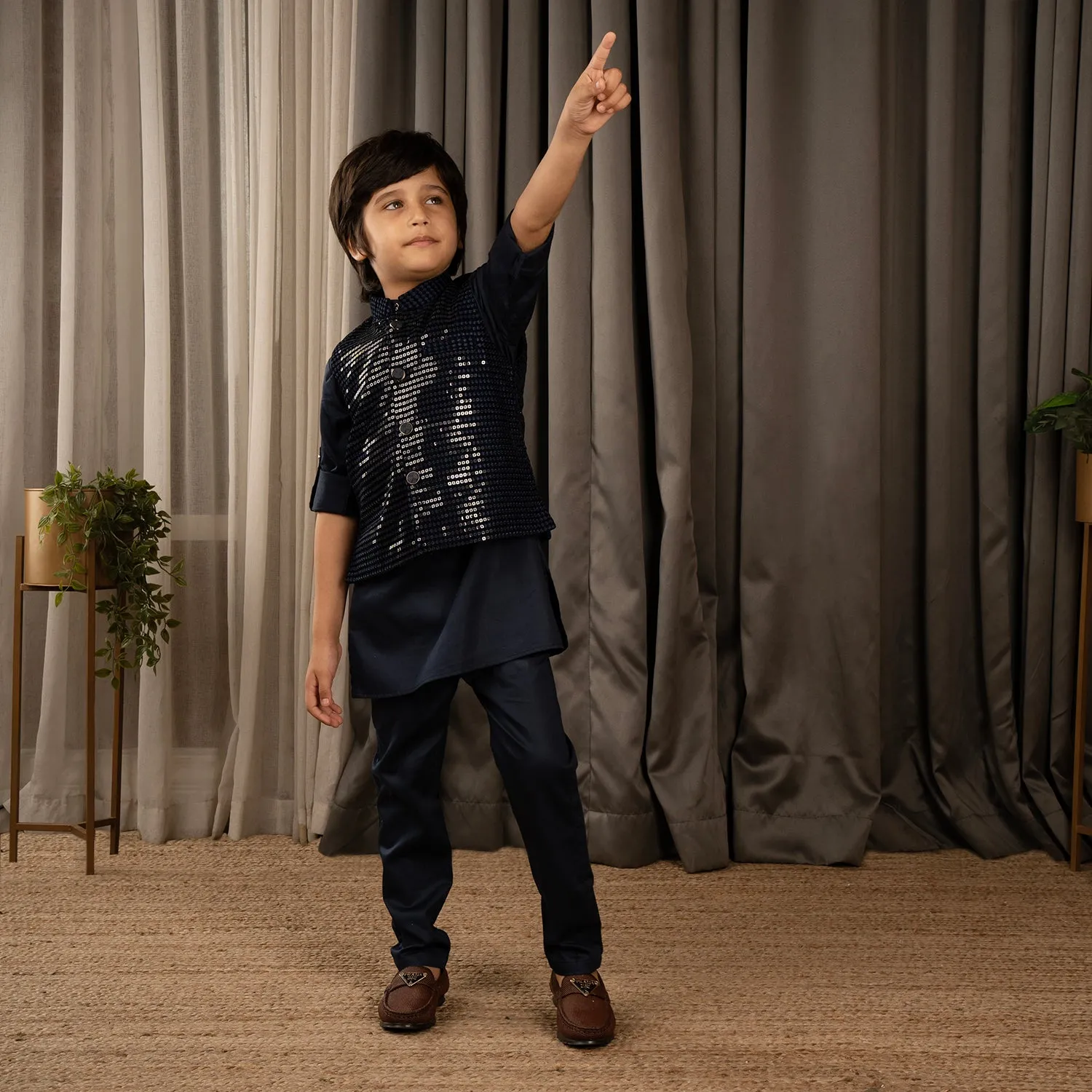 Ministitch full sleeves kurta pyjama set with sequin Jacket for boys - Navy Blue