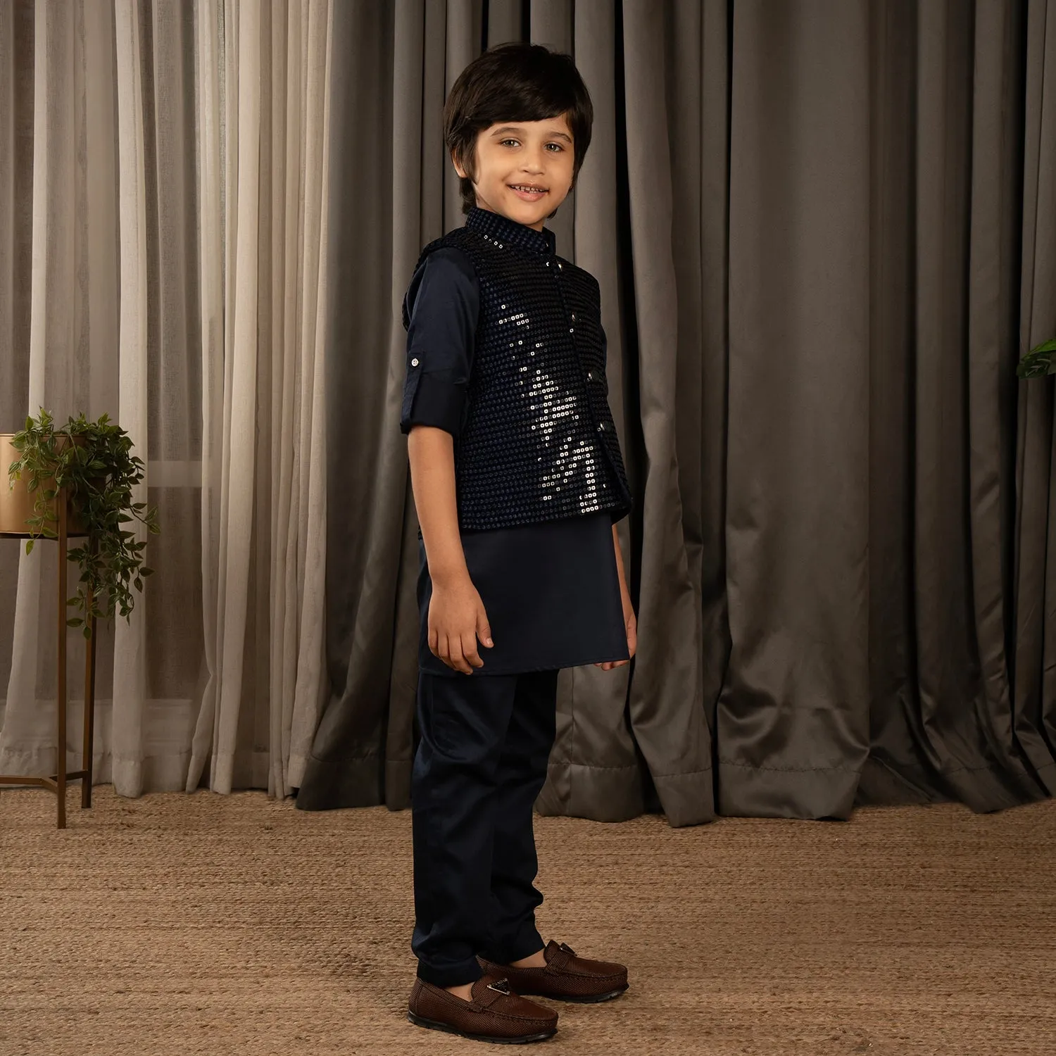 Ministitch full sleeves kurta pyjama set with sequin Jacket for boys - Navy Blue