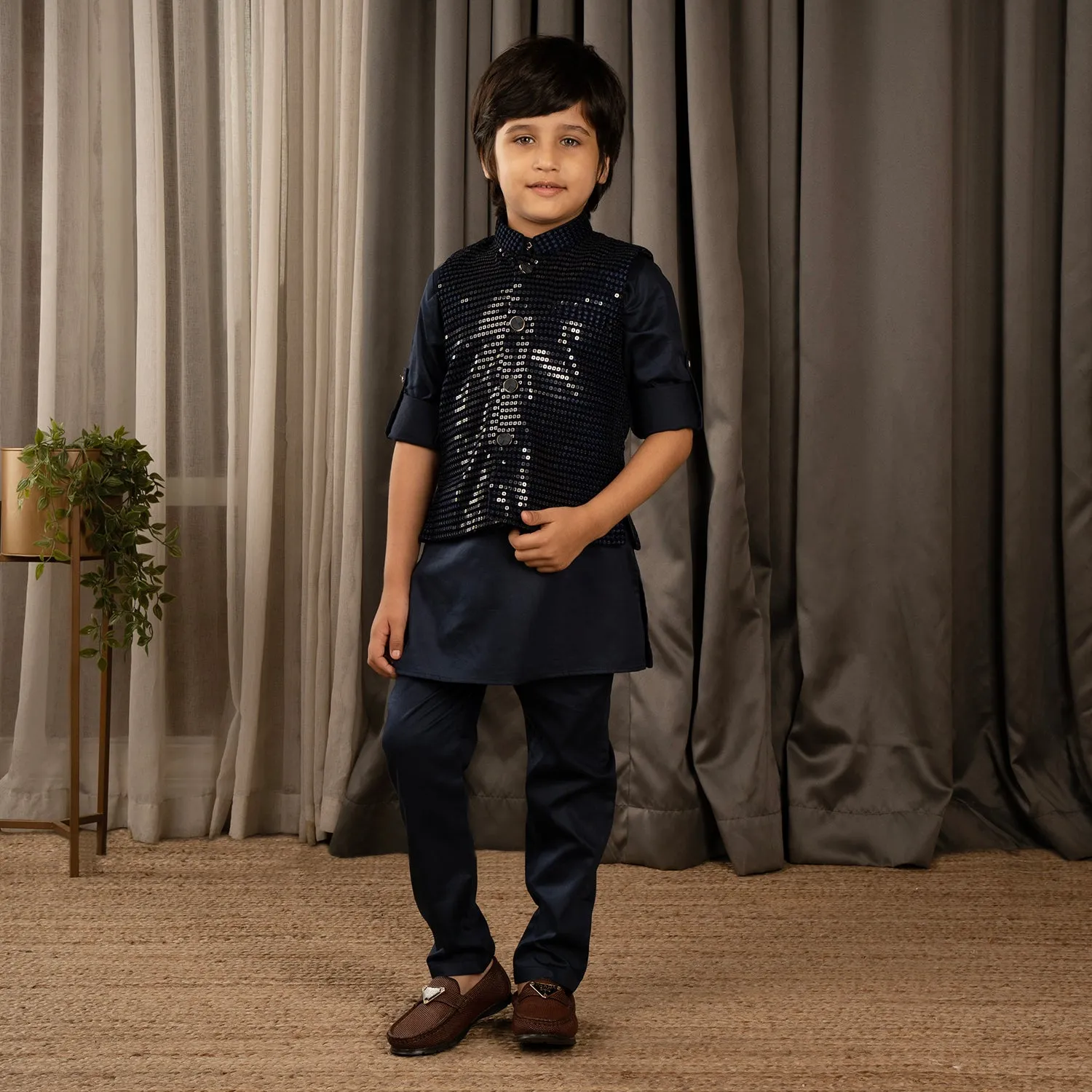 Ministitch full sleeves kurta pyjama set with sequin Jacket for boys - Navy Blue