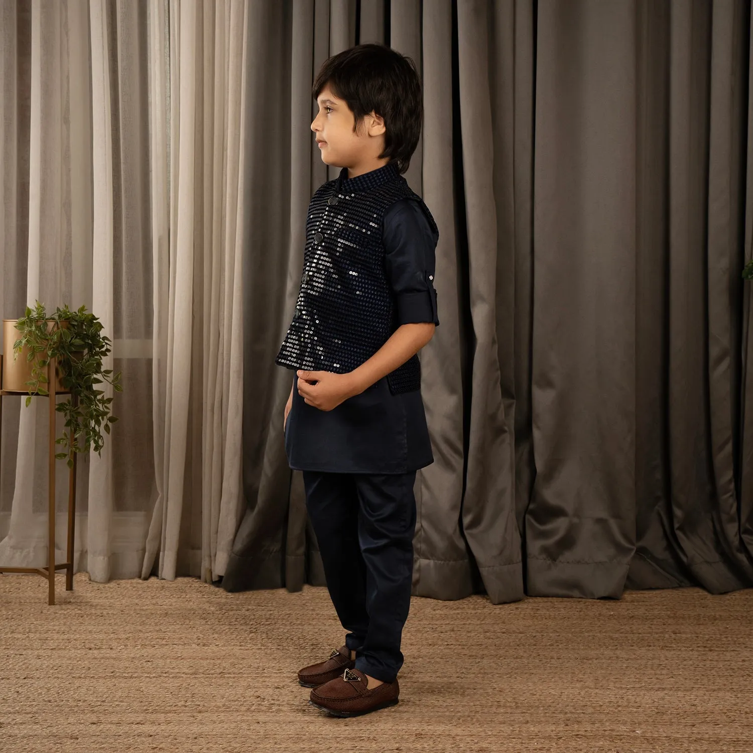 Ministitch full sleeves kurta pyjama set with sequin Jacket for boys - Navy Blue