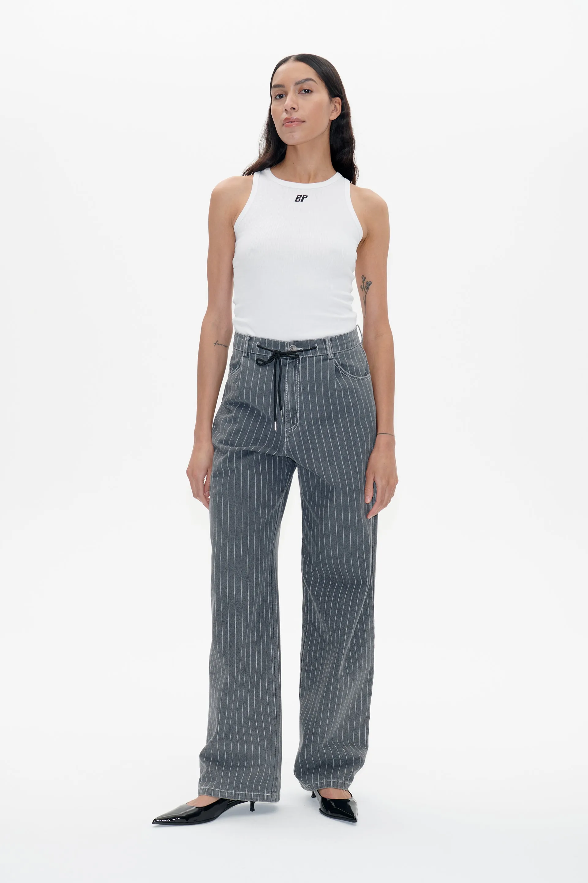 NANNY | Grey Pinstripe Denim