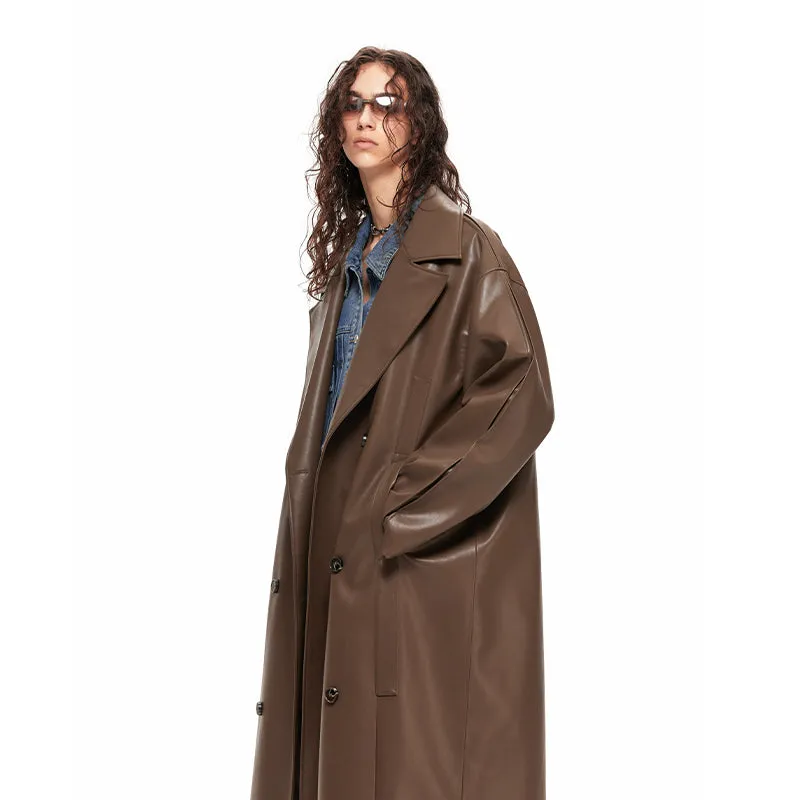 NUHT Retro Loose Long  Faux Leather Coat(Brown)