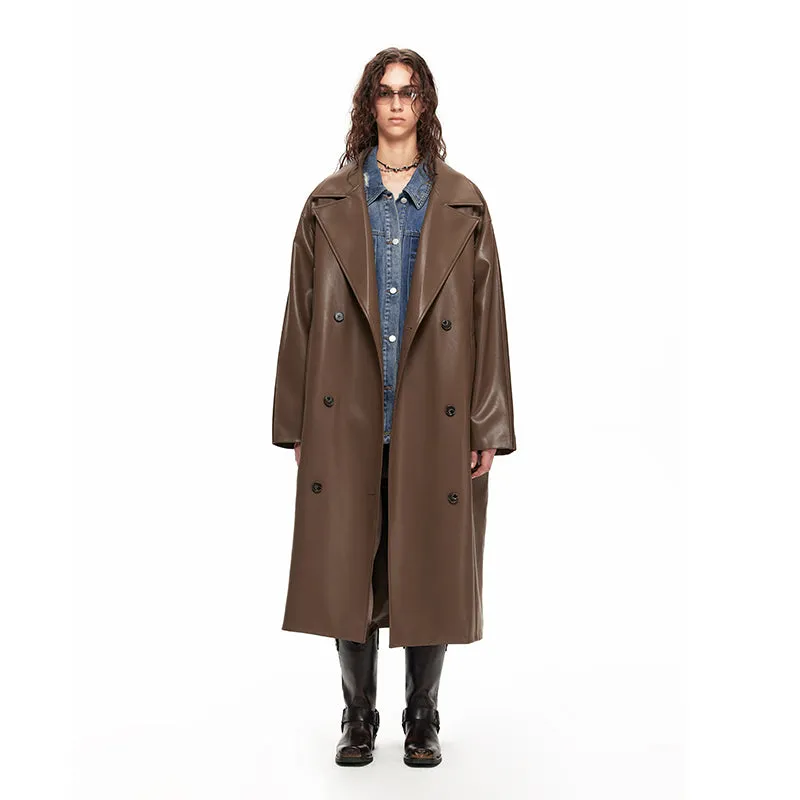 NUHT Retro Loose Long  Faux Leather Coat(Brown)
