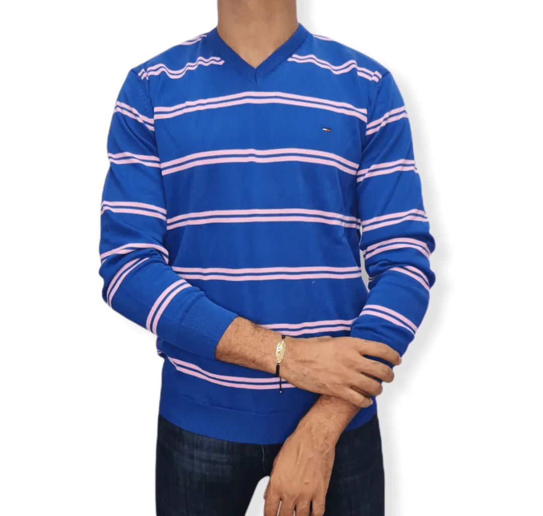 [Slim Fit] Men V-Collar Pullover TH - Blue Stripes