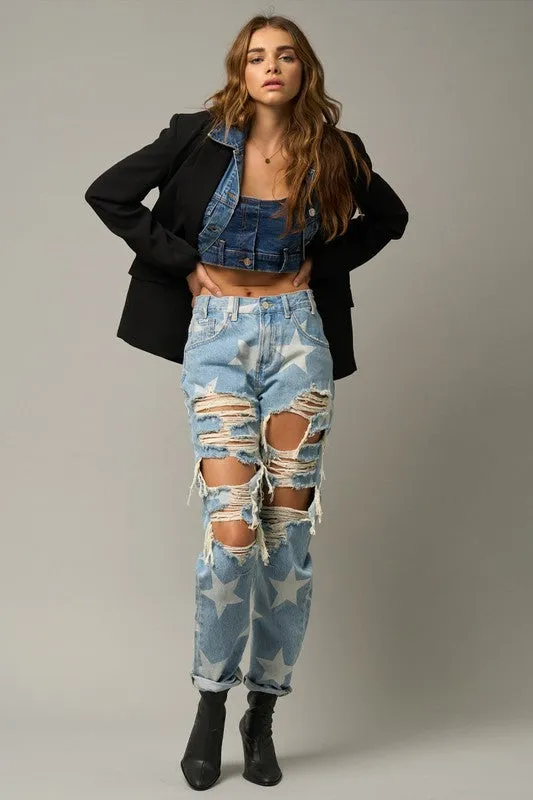 Slouchy Heavy Distressed Star Denim