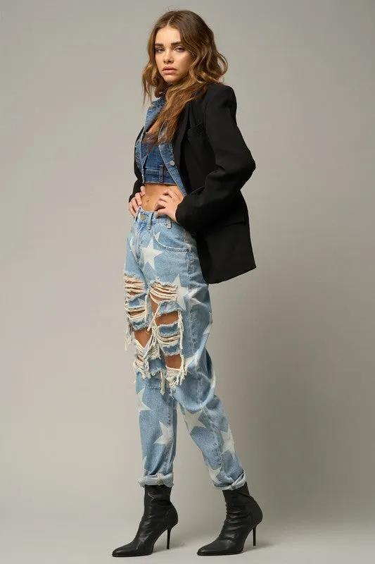 Slouchy Heavy Distressed Star Denim