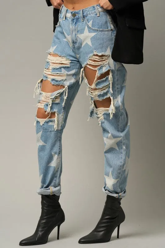 Slouchy Heavy Distressed Star Denim