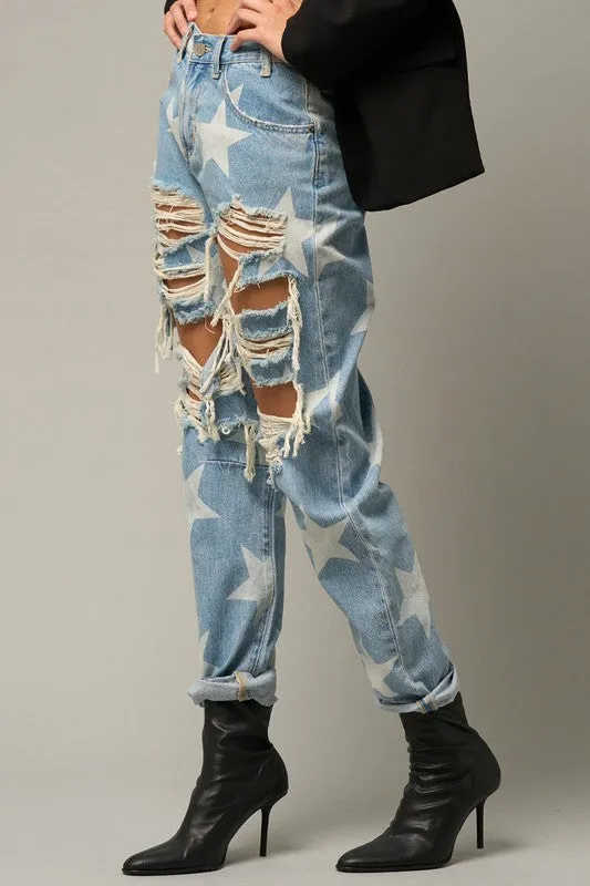 Slouchy Heavy Distressed Star Denim
