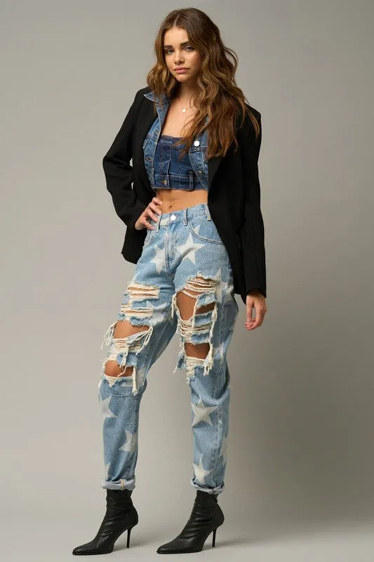Slouchy Heavy Distressed Star Denim