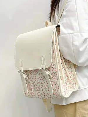 UAKISS  -  Business Casual Portable Ditsy Floral Buckle Decor Flap Backpack For Teen Girls Women Large Capacity Fashionable Schoolbag