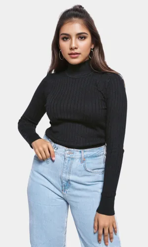 Women High Collar Pullover - Black