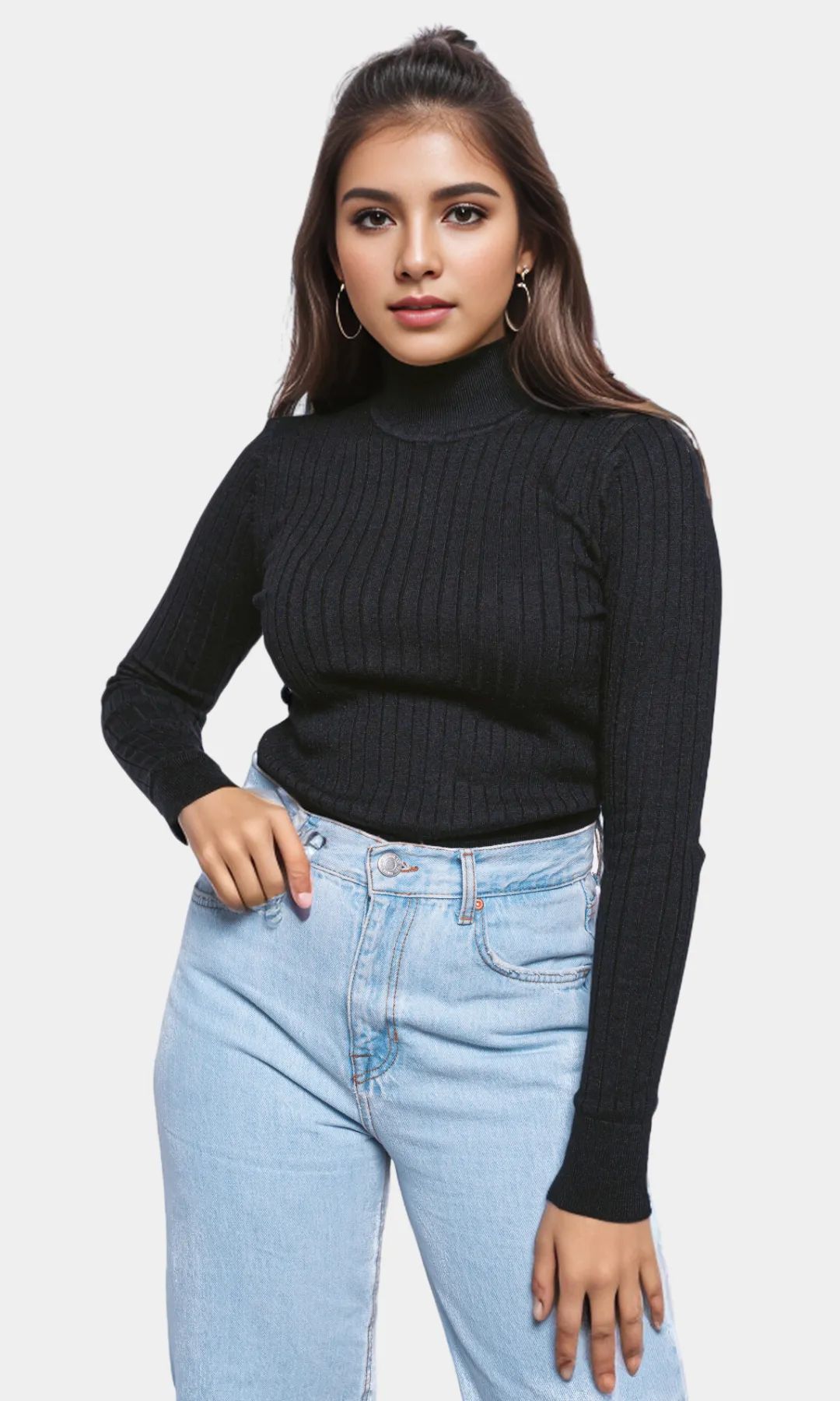 Women High Collar Pullover - Black