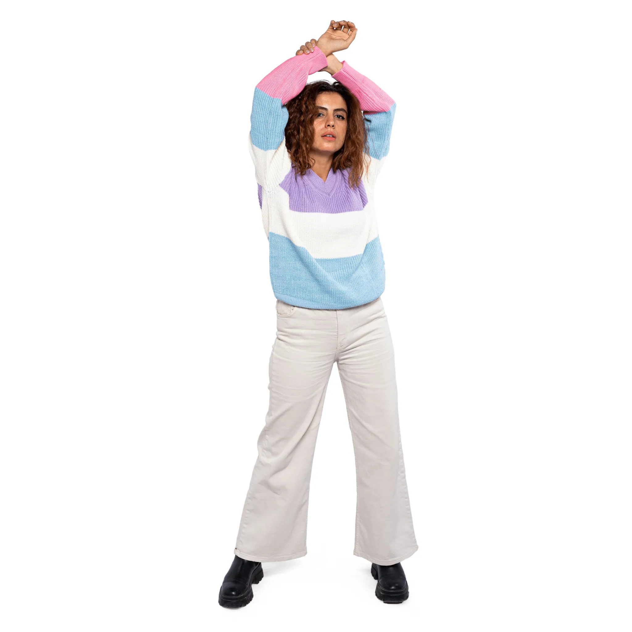 Women Stripped Pullover - Purple x Baby Blue